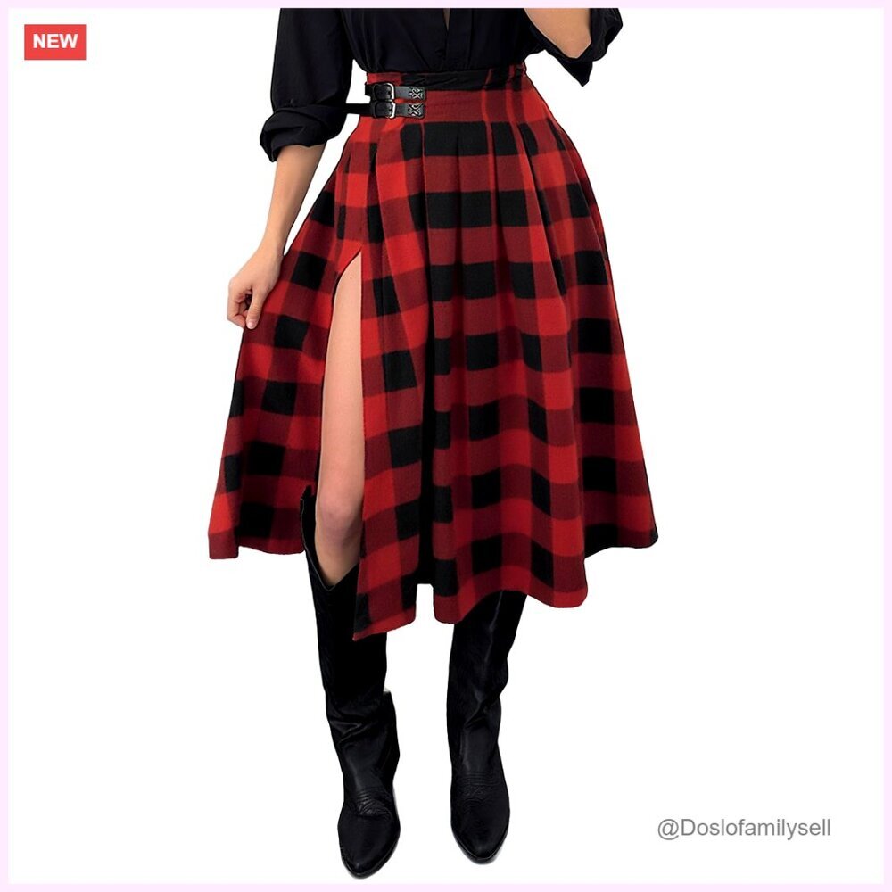 High Waisted Pleated Midi Skirt with Belt, A-Line Fit, Side Slit